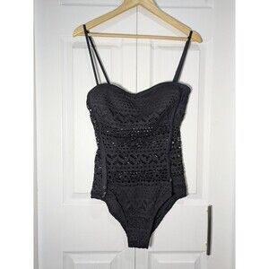 Lookbook Store Black Crochet Net One Piece Swimsuit Size 14